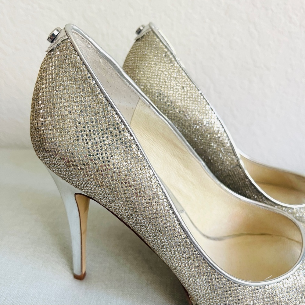 Michael Kors MK Women’s Silver Glitter Peep Toe Heels Shoes Size 7.5M - Picture 9 of 12